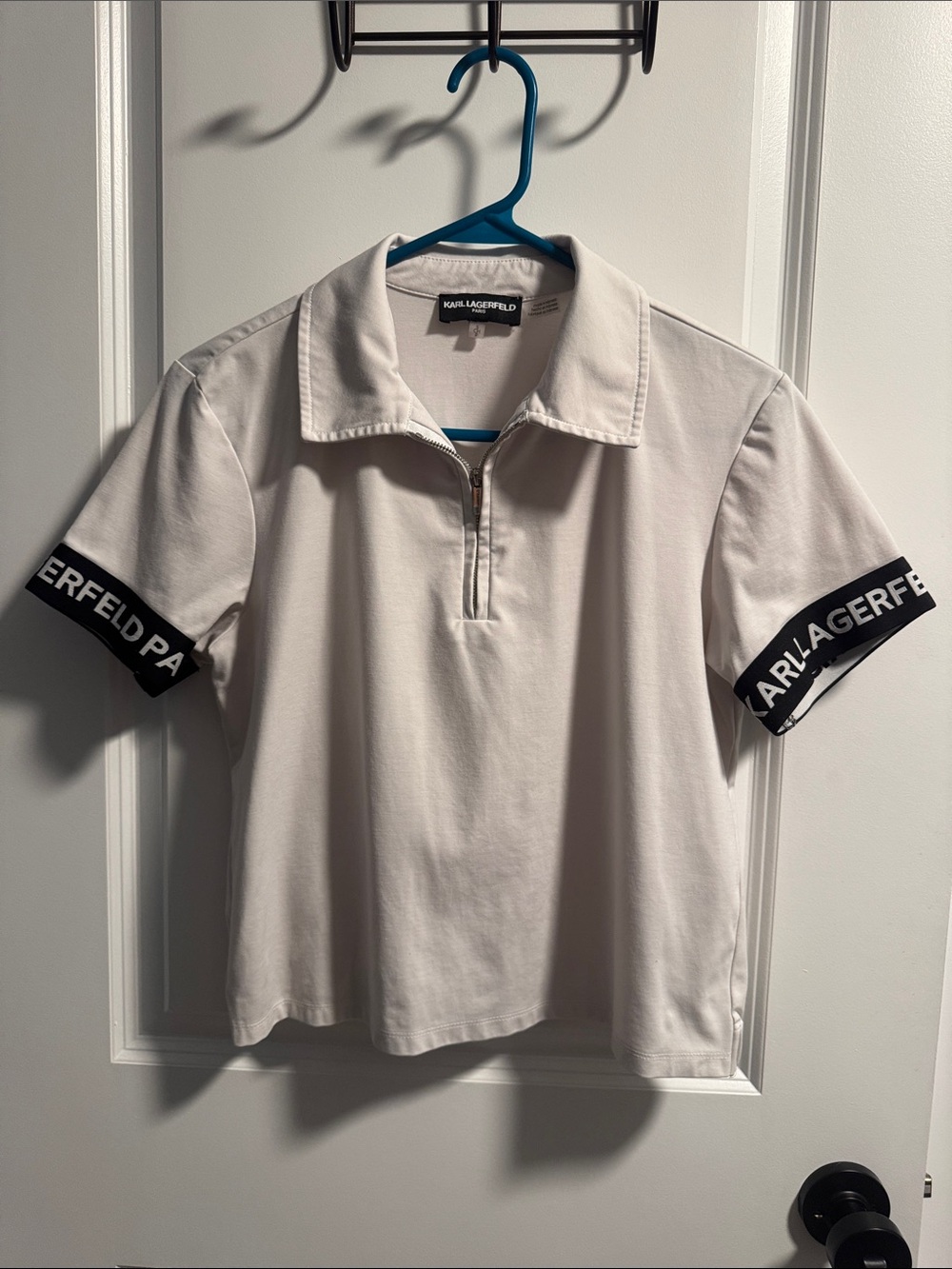 Karl Lagerfeld White Zip Collared Short Top with Black Branded Sleeve Bands